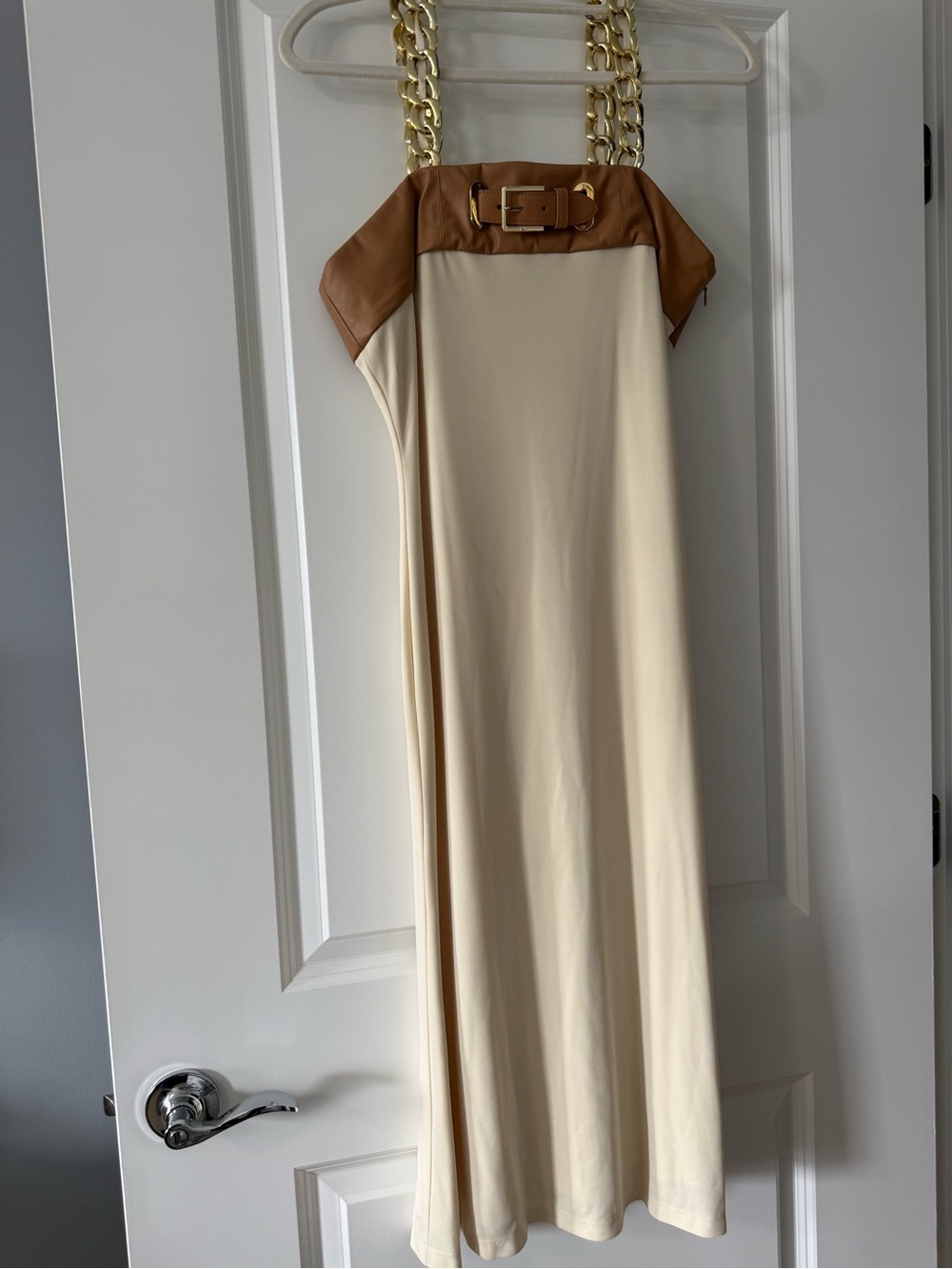 Ralph Lauren Cream Maxi Dress with Tan Trim and Gold Chain Straps